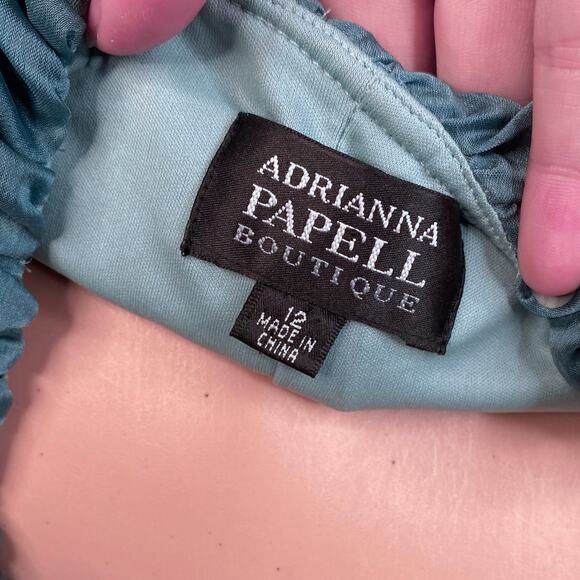 Adrianna Papell Blue Ombre Ruffle Rosette Ruched Sheath Dress Women's SZ 12 - Picture 6 of 7